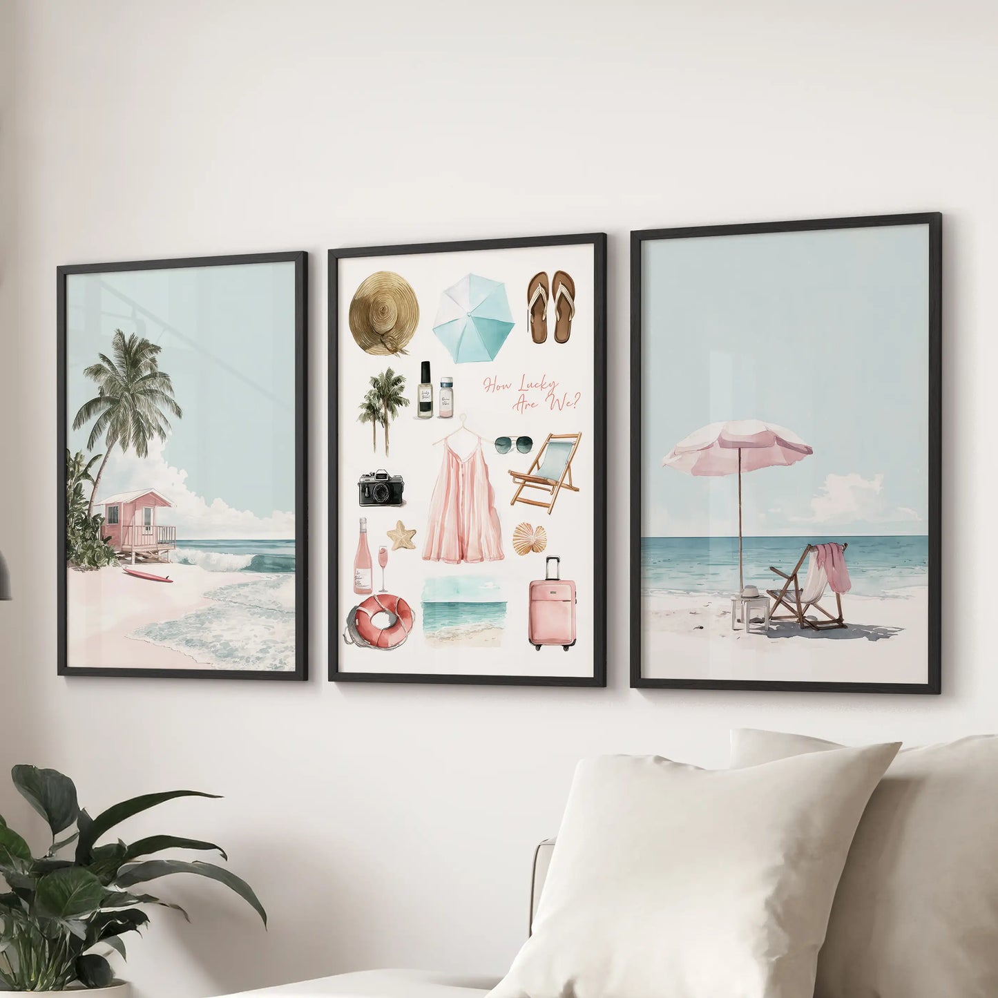 A playful three-piece wall art set with pink and blue coastal collages in black frames enlivens the family room above the sectional.