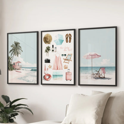 A playful three-piece wall art set with pink and blue coastal collages in black frames enlivens the family room above the sectional.