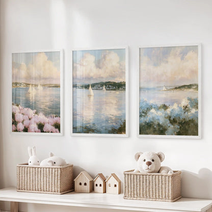 Cape Cod shoreline set of three art prints hovers over the kids room storage bench, white framed to keep the sand, surf, and horizon neatly grouped.