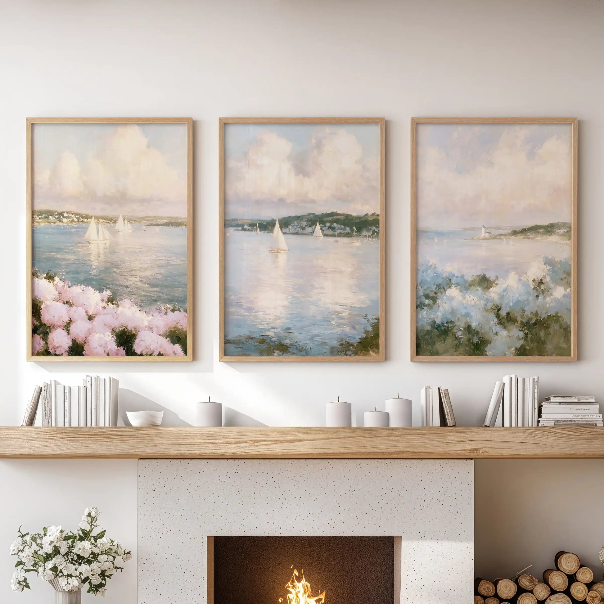 Wall art as an ocean and sky seascape trio hangs over the family room mantle. A wooden frame finish carries pale clouds and glassy water across the wall.