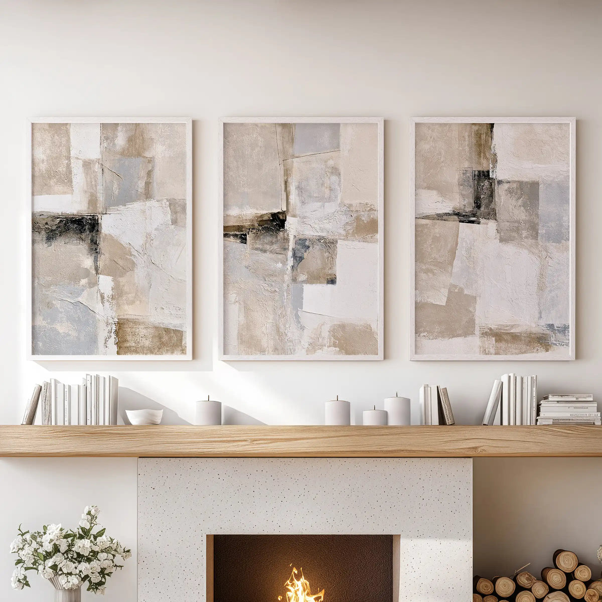 A poster set of three featuring organic minimalist shapes rests above the sitting room mantle, each piece cleanly bordered in white.
