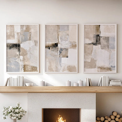 A poster set of three featuring organic minimalist shapes rests above the sitting room mantle, each piece cleanly bordered in white.