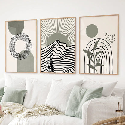Sage green boho wall art in wood frames, set of 3 mid-century inspired prints