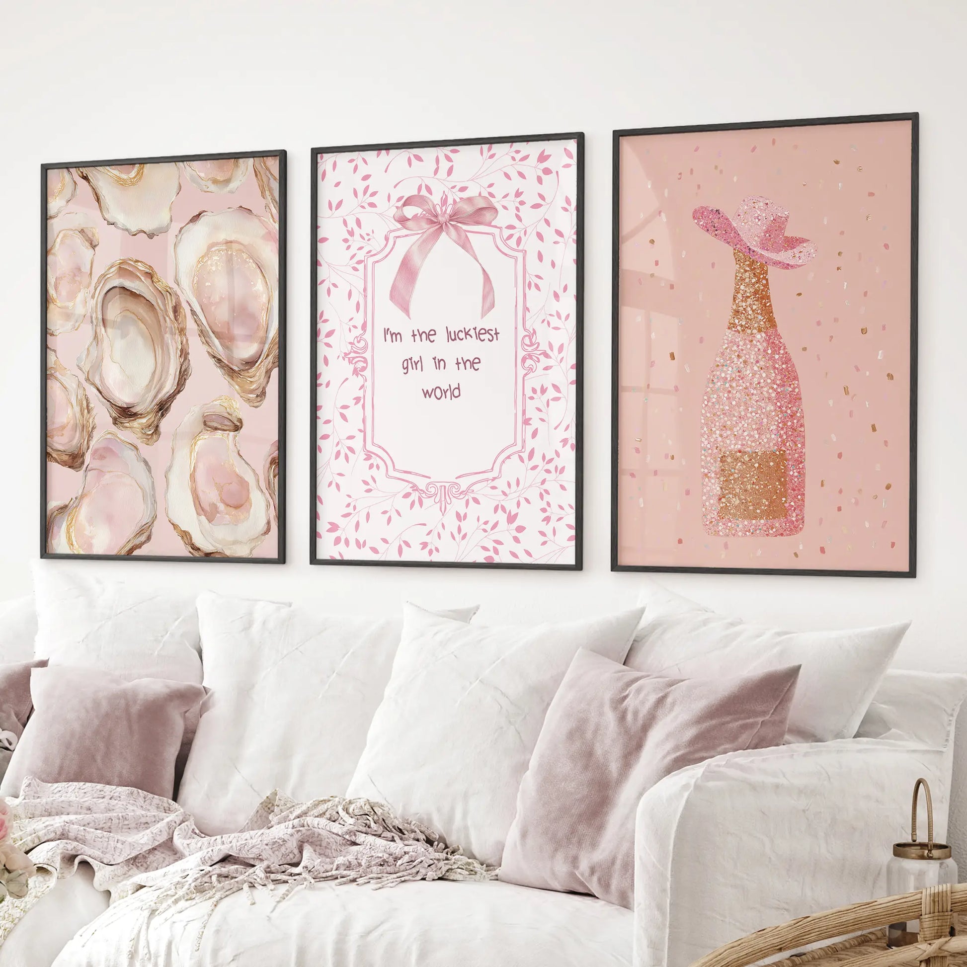 Glitter glam wall art trio – champagne pop, oyster shells, and lucky girl wall print. Black frames for living room.