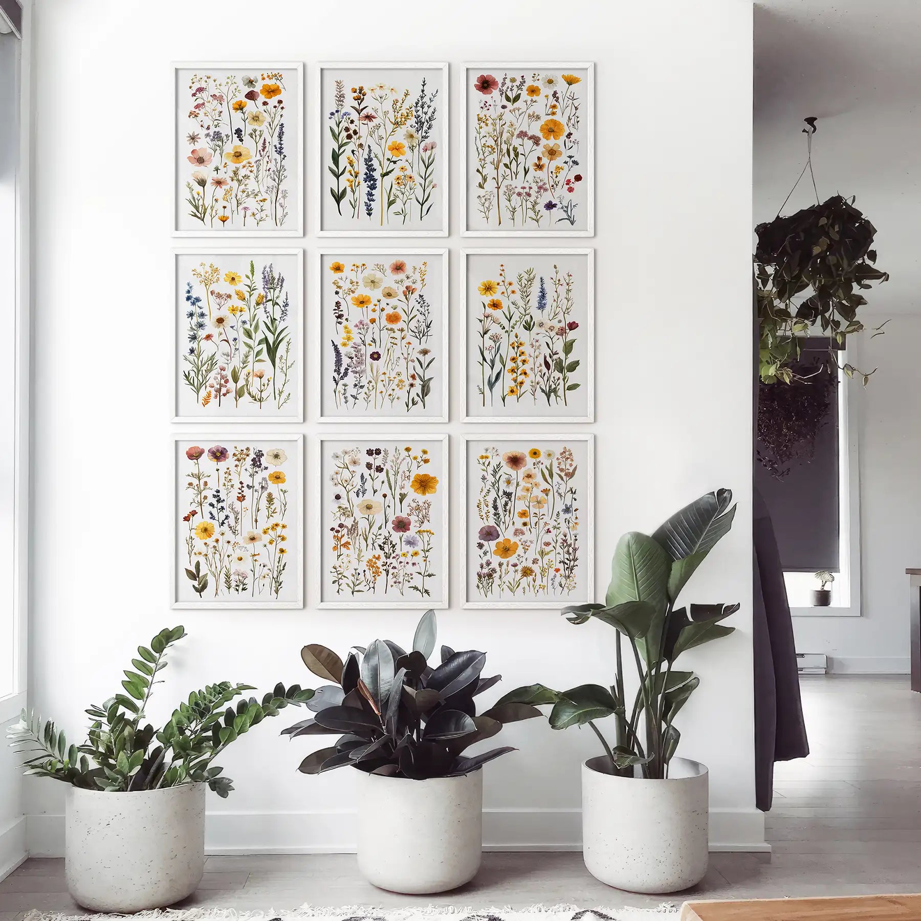 Field of flowers watercolor poster print. Wildflower decor gift wall art. White frames for apartment.