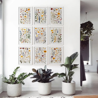 Field of flowers watercolor poster print. Wildflower decor gift wall art. White frames for apartment.