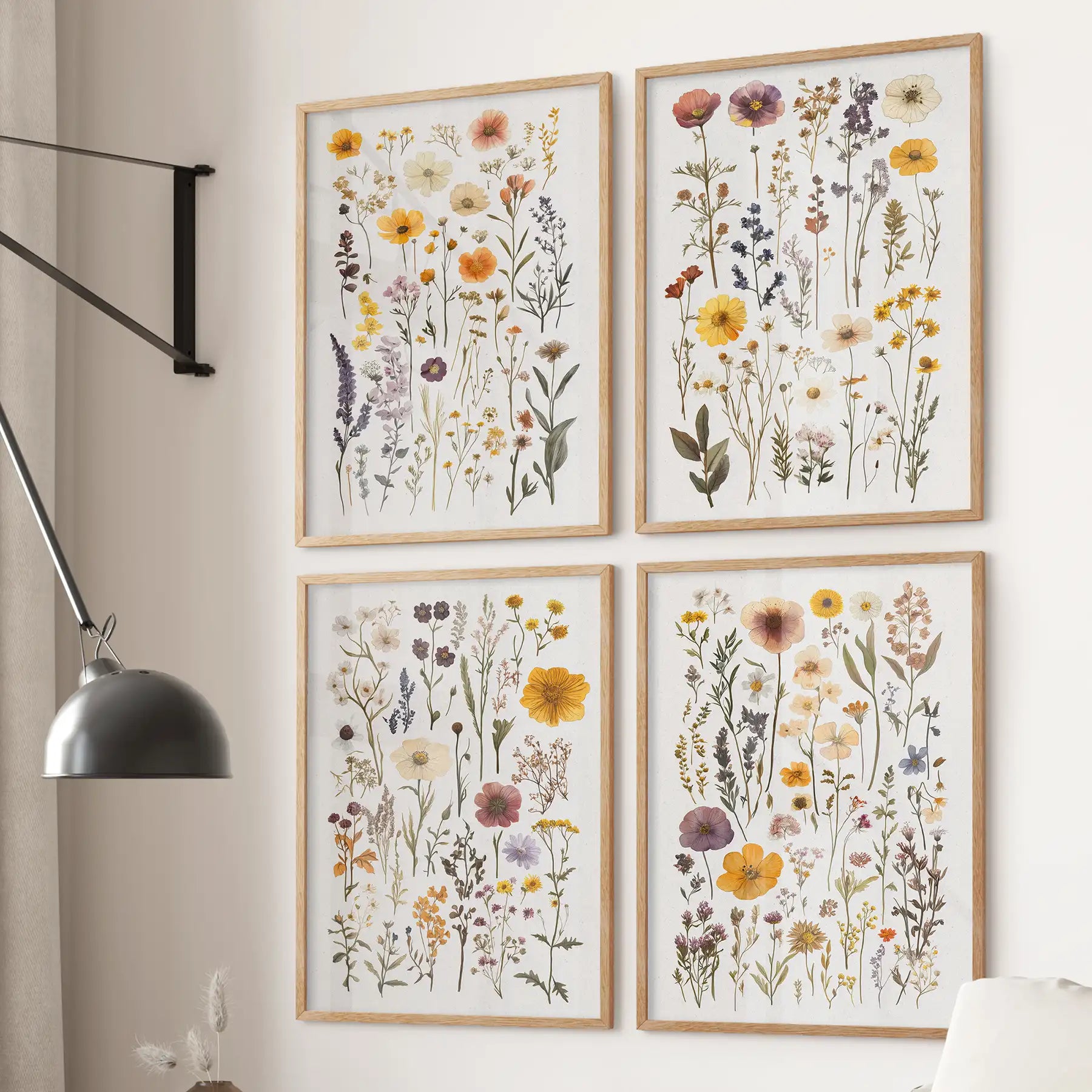 Botanical prints with colorful wildflowers and herbs. Dried flowers gallery wall nature prints. Thinwood frames for living room.