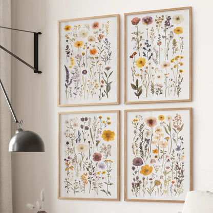 Botanical prints with colorful wildflowers and herbs. Dried flowers gallery wall nature prints. Thinwood frames for living room.