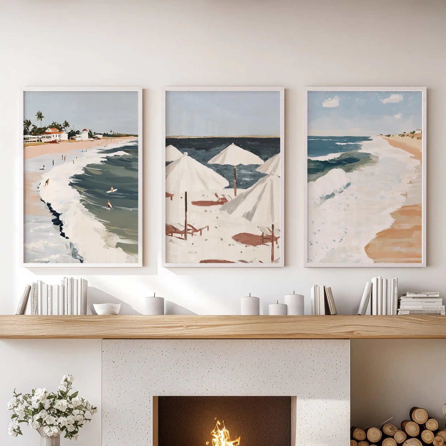 Palm-lined beach wall art, a set of three in white frames, warms a living room and lines up cleanly above the hearth for an airy focal point.