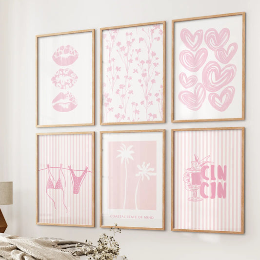 Coastal cowgirl aesthetic 6-print wall art bundle in warm solid oak frames, setting a breezy pink tone across the bedroom wall with beachy, feminine flair.