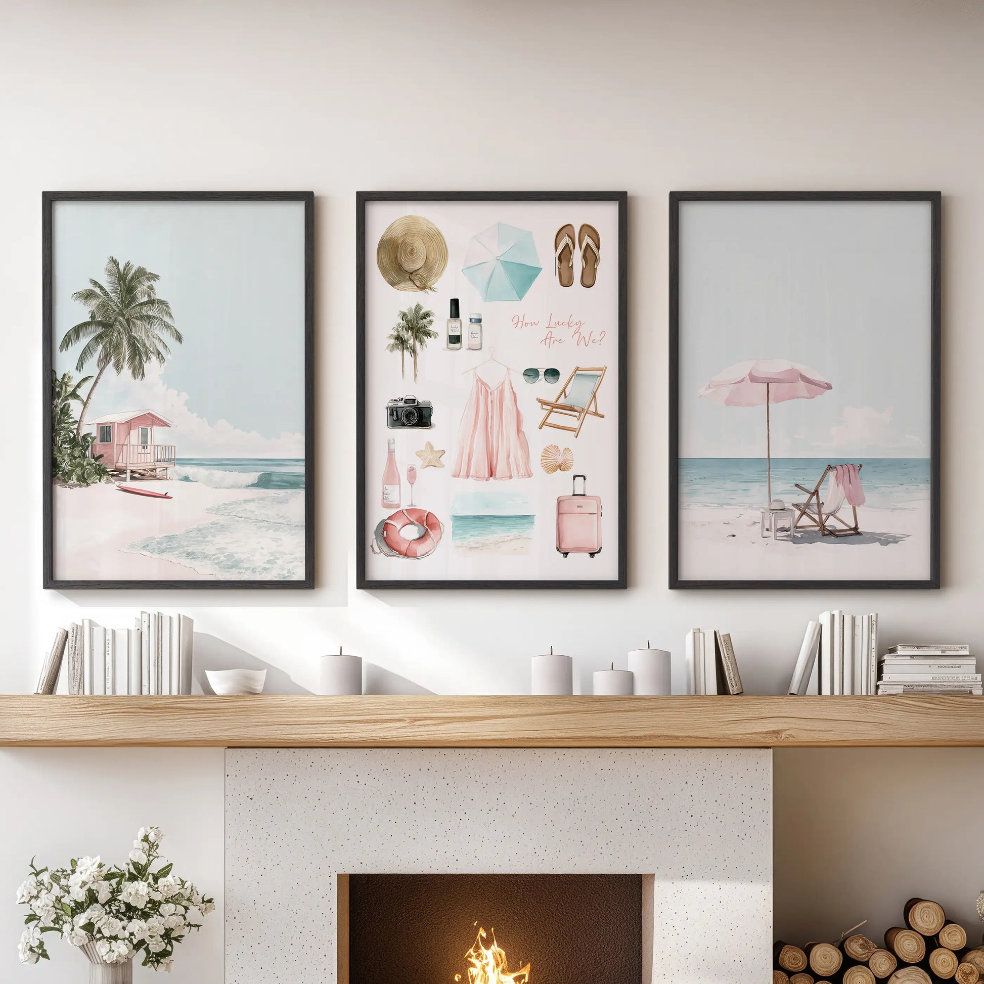 Three black-framed wall prints of shells and starfish lend a gentle coastal accent to the living room space over the mantle.