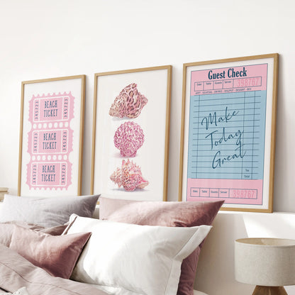 Coastal pastel collage, a 3-piece wall art set in thin wood frames, styled in a pink bedroom over the bed for soft, girly beach vibes.