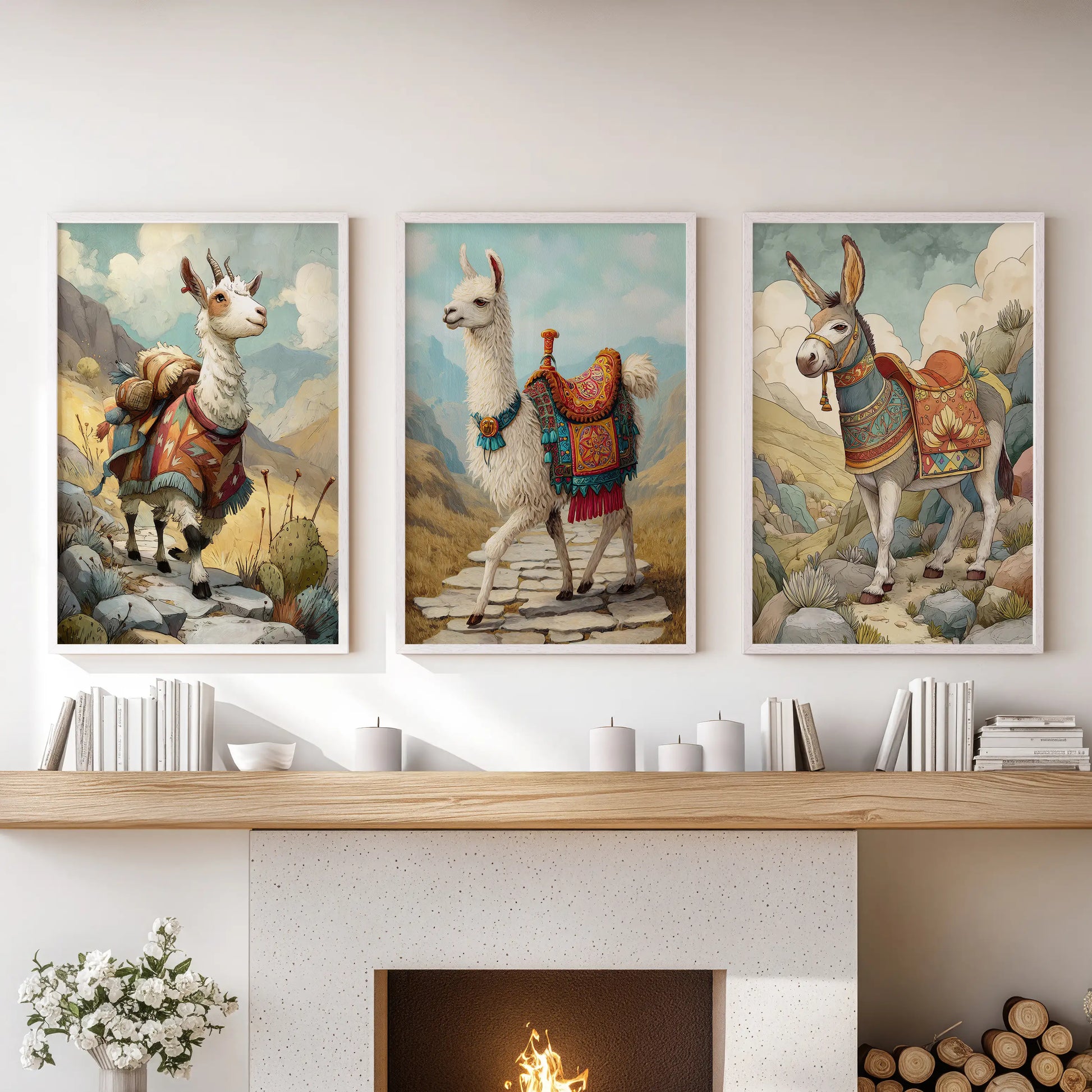 Llama prints, a set of three in crisp white frames over the mantelpiece, give the family room an airy farmhouse feel with softly lit portraits.