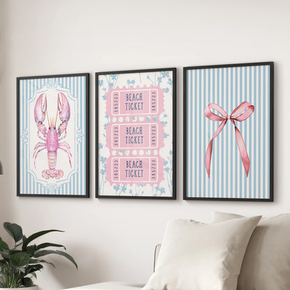 Coquette bows and ribbons 3-print wall art set in black frames adds playful pink-and-blue charm above the lounge sofa.