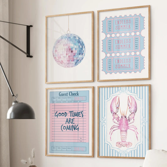 Lucky ticket wall art, a 4-print set in warm natural wood frames, lends a playful retro note to the sitting room and lines up neatly above the sectional.