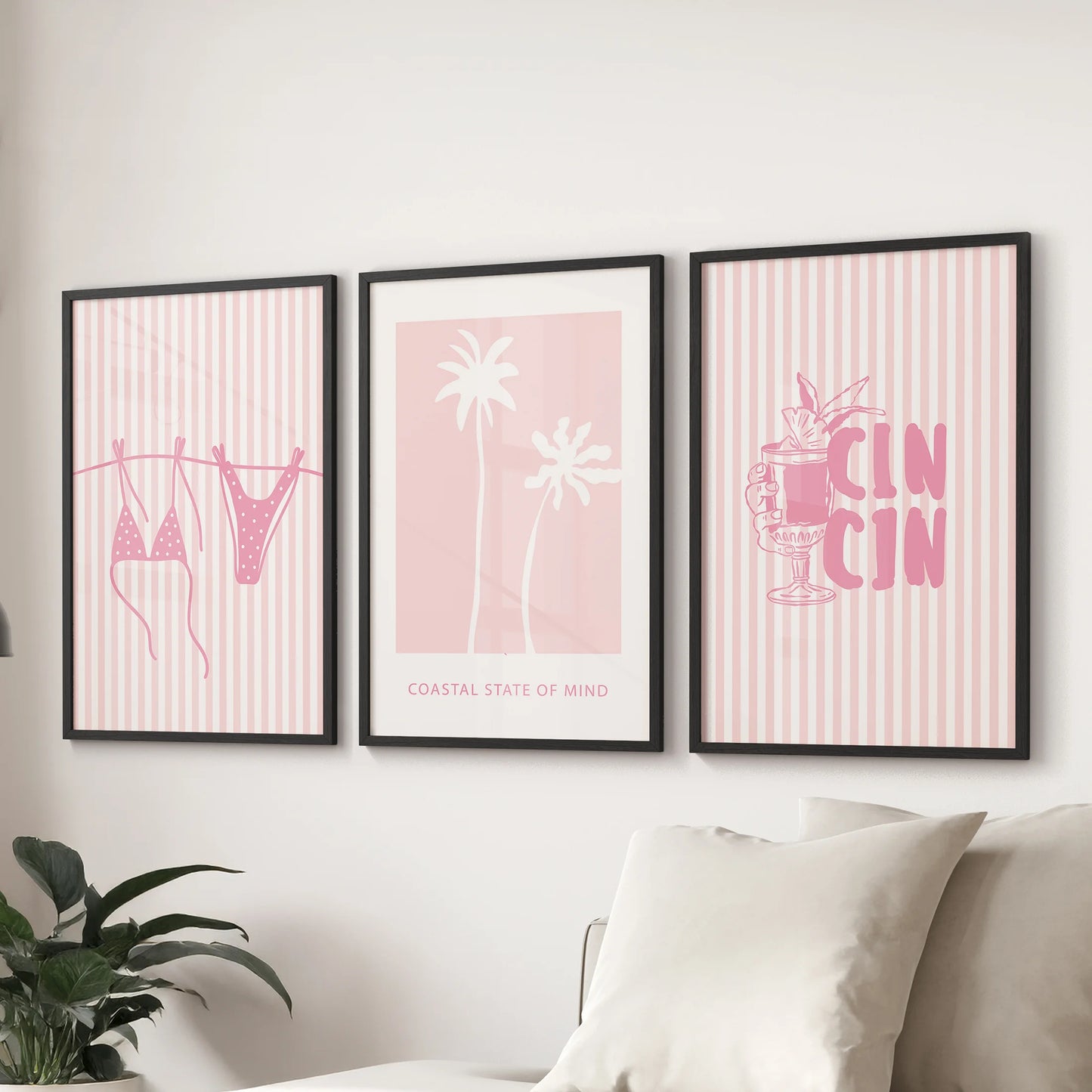 Coastal aesthetic wall art prints, a 3-print gallery set in black frames, styled behind the sofa to add playful Western-coastal flair to the sitting room.