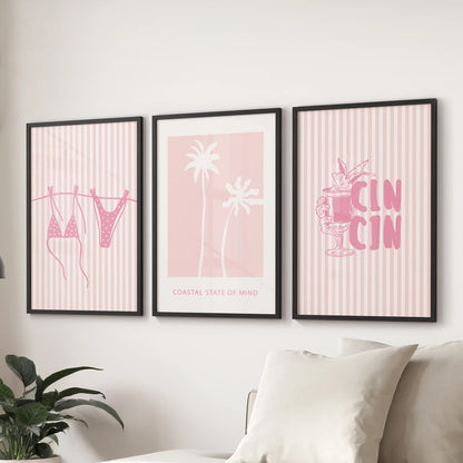 Coastal aesthetic wall art prints, a 3-print gallery set in black frames, styled behind the sofa to add playful Western-coastal flair to the sitting room.