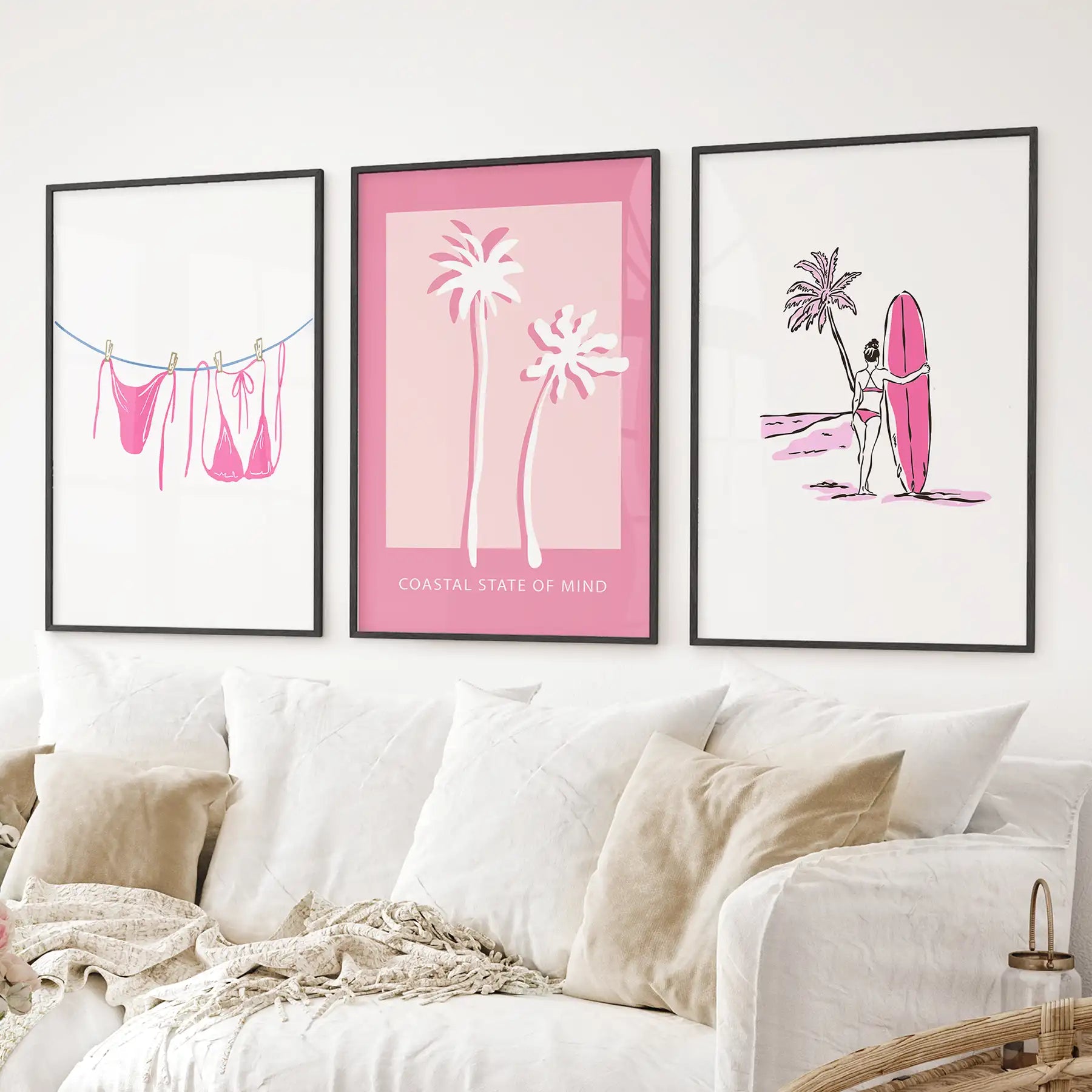 Girly preppy coastal wall art. Cute summer art print dorm room decor. Black frames above the sofa.