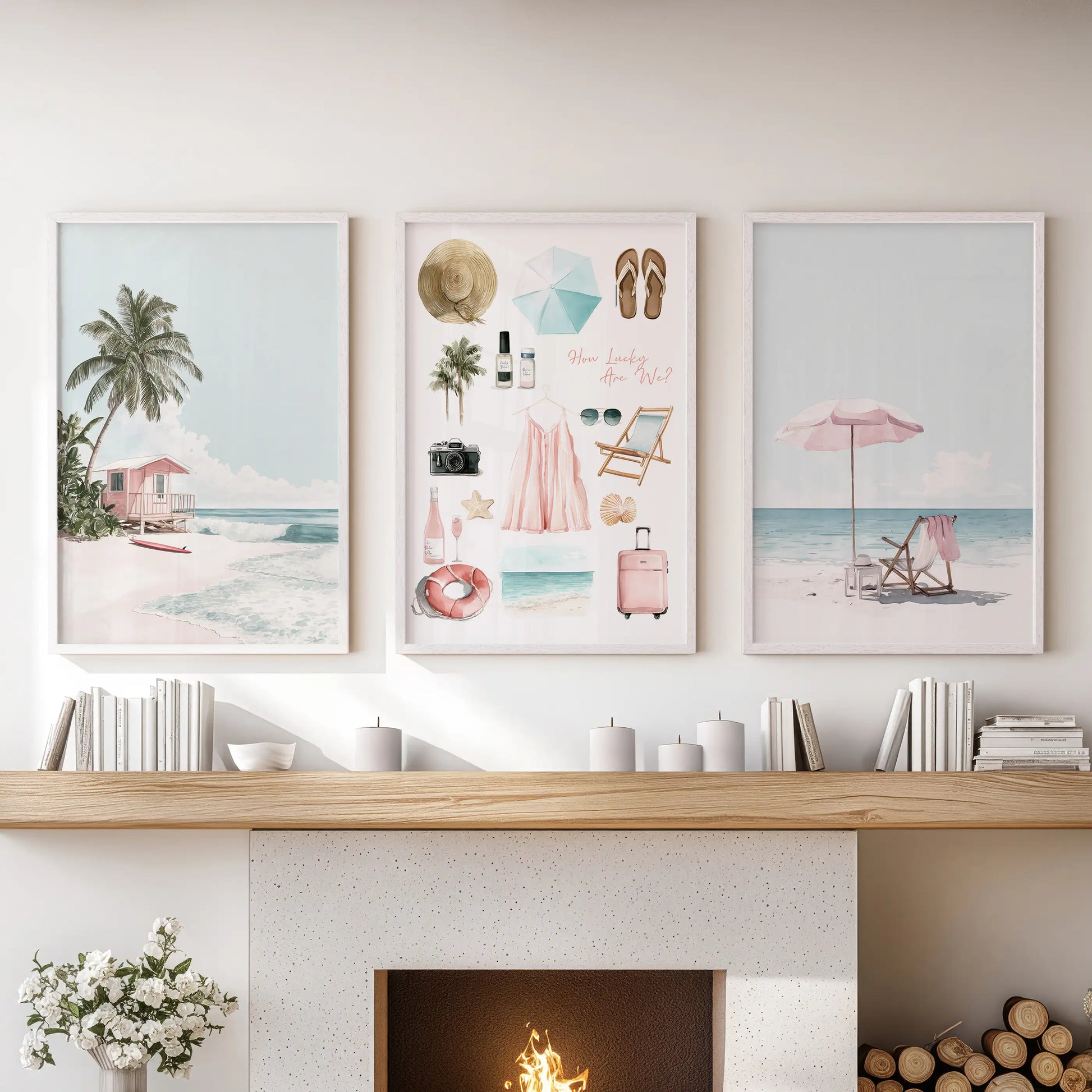 Three white-framed wall panels of tropical beach scenes create a warm centerpiece above the lounge fireplace.
