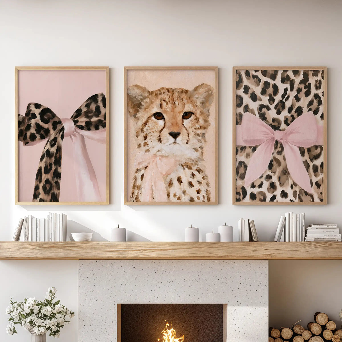 Preppy coquette animal art, set of three wall hangings in oak wood frames, styled above the fireplace to bring tailored charm to the lounge.