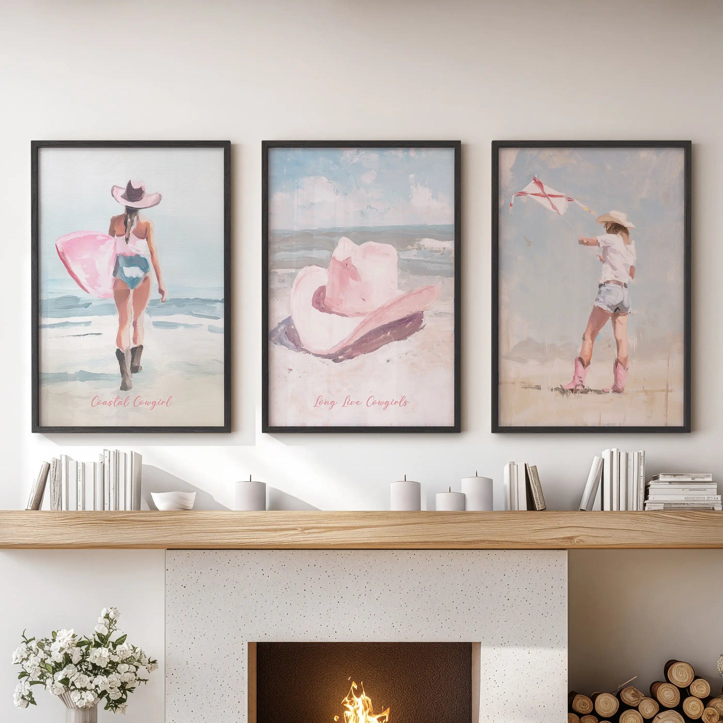 Long Live Cowgirls typography trio of wall art pictures, set above the family room mantle in slim black frames for a fresh, coastal pink accent.