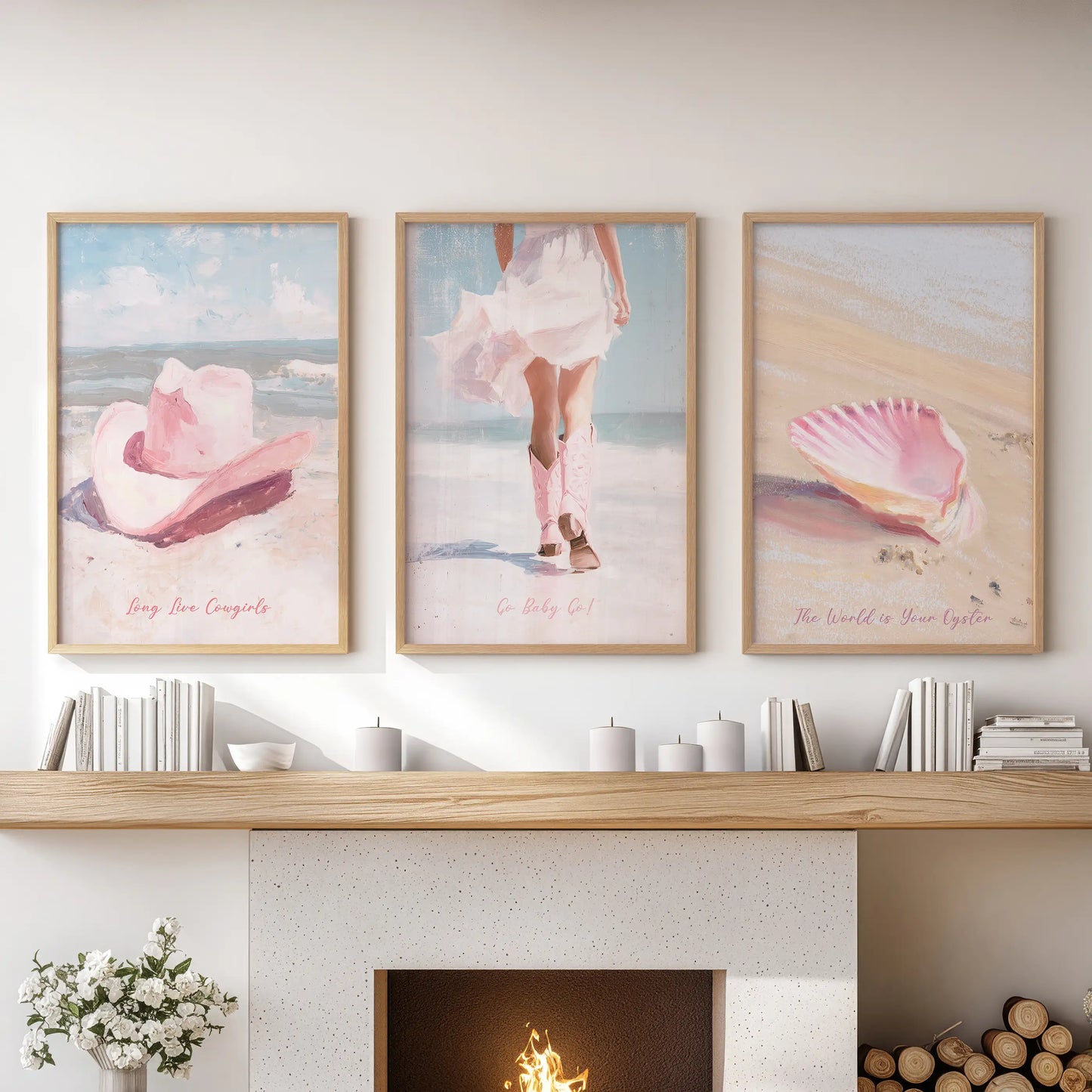 A natural wood-framed set of three pink cowgirl hat prints anchors the sitting room, blending rodeo spirit with soft, beach-blush warmth.