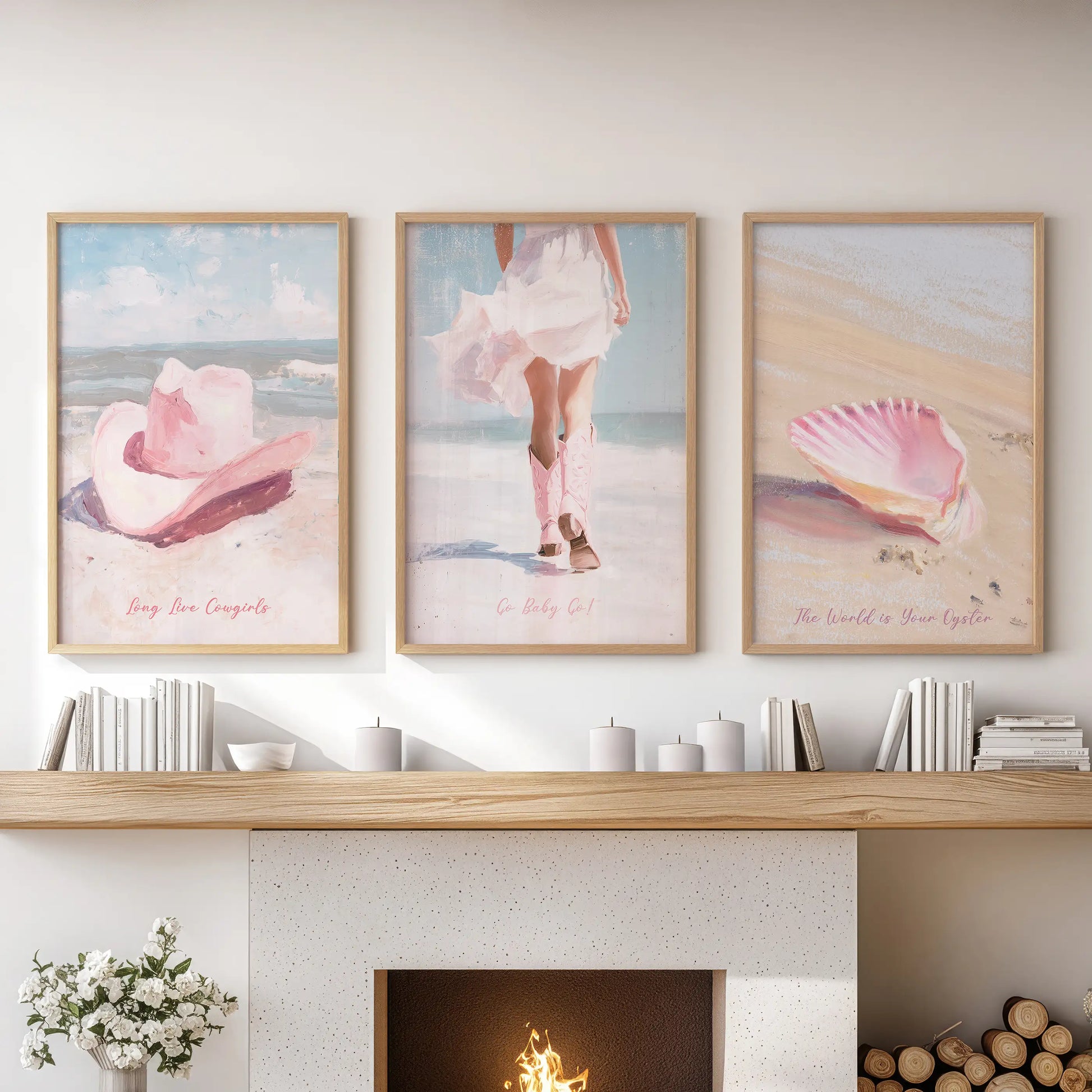 A natural wood-framed set of three pink cowgirl hat prints anchors the sitting room, blending rodeo spirit with soft, beach-blush warmth.