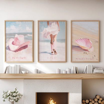 A natural wood-framed set of three pink cowgirl hat prints anchors the sitting room, blending rodeo spirit with soft, beach-blush warmth.