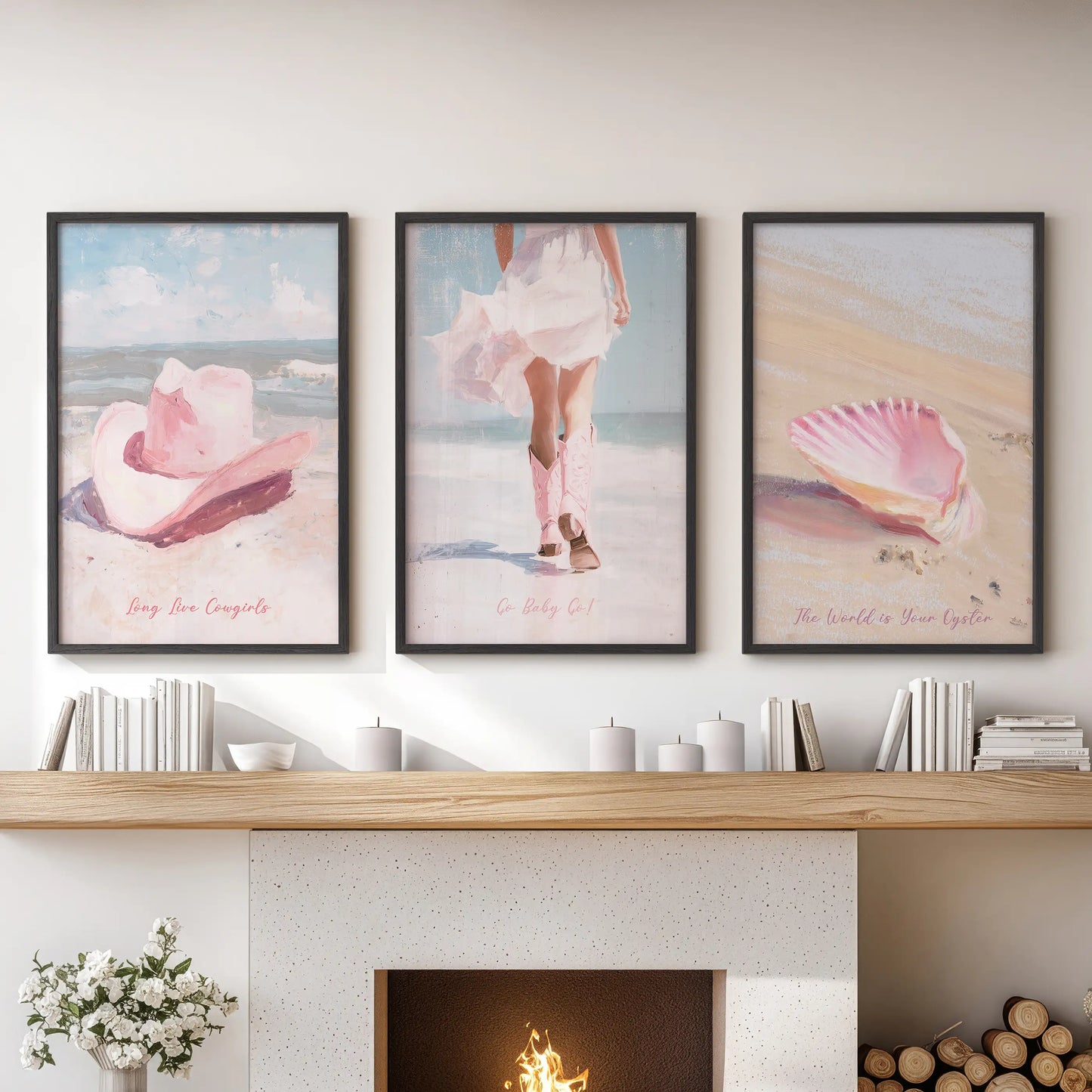 Coastal cowgirl aesthetic three-piece wall art set in a black frame finish, mounted over the lounge fireplace mantel for a sunlit, beach-meets-west look.