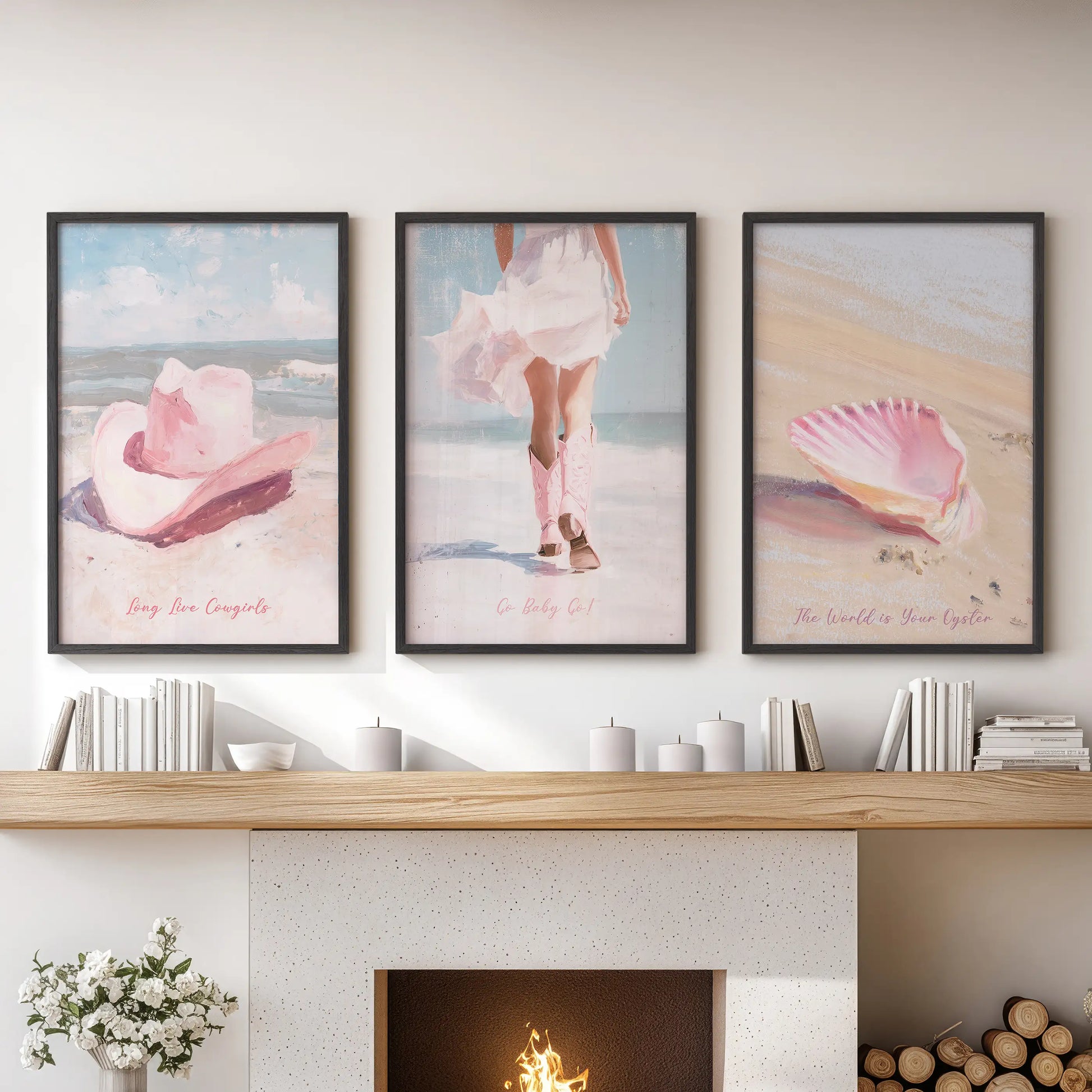 Coastal cowgirl aesthetic three-piece wall art set in a black frame finish, mounted over the lounge fireplace mantel for a sunlit, beach-meets-west look.