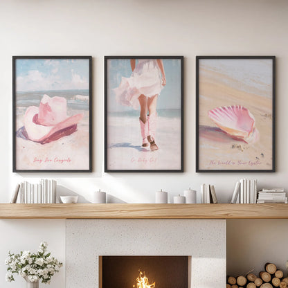 Coastal cowgirl aesthetic three-piece wall art set in a black frame finish, mounted over the lounge fireplace mantel for a sunlit, beach-meets-west look.
