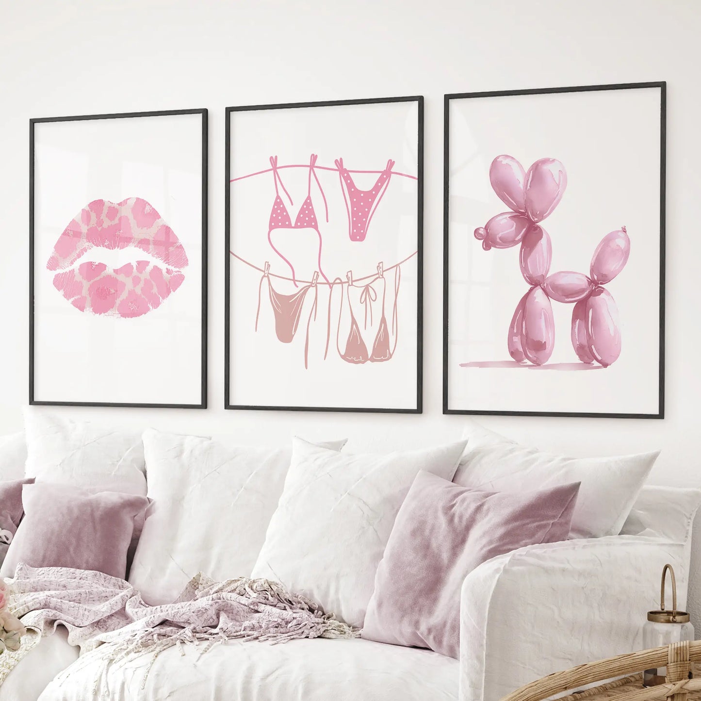 Pink Wall Art Set of 3: Lips, Bikini, Balloon Dog Prints