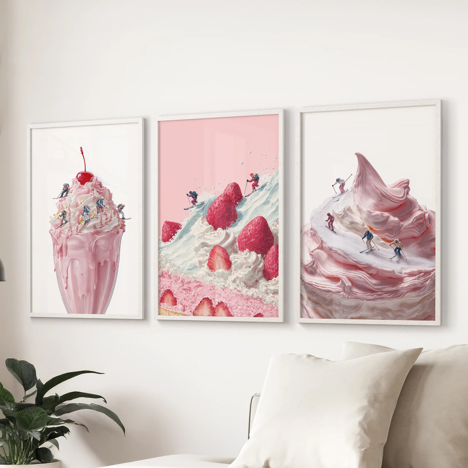 Apres-ski bar cart scenes wall art, a trio in white frames, styled to hang over the sectional sofa in the family room.