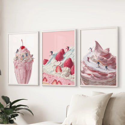 Apres-ski bar cart scenes wall art, a trio in white frames, styled to hang over the sectional sofa in the family room.