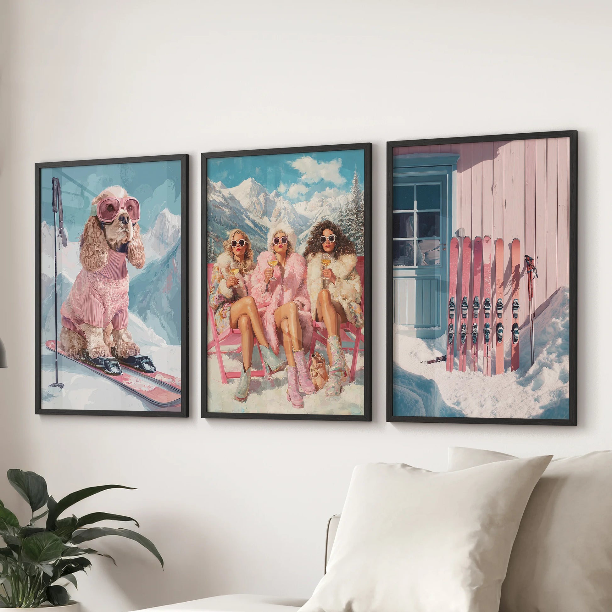 Pink alpine fashion prints, 3-print set, with black frames for a sitting room, meant to hang over the sectional with chic apres-ski flair and a girly glow.