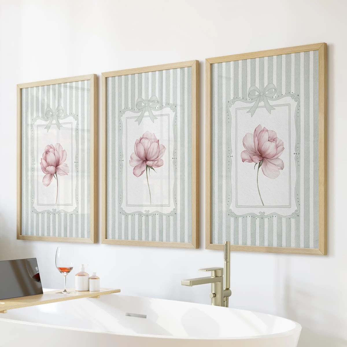 French country floral picture set of three in wooden frames, showing pink peonies on sage stripes above a bathroom bathtub.