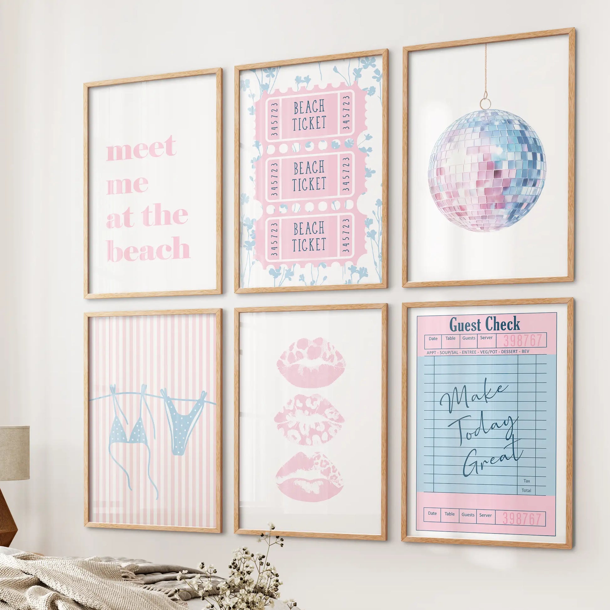 Pink mirror ball poster set, a six poster set in oak frames, mounts on the wall next to the bed in the bedroom and adds playful coastal-cowgirl energy with bikini blues.