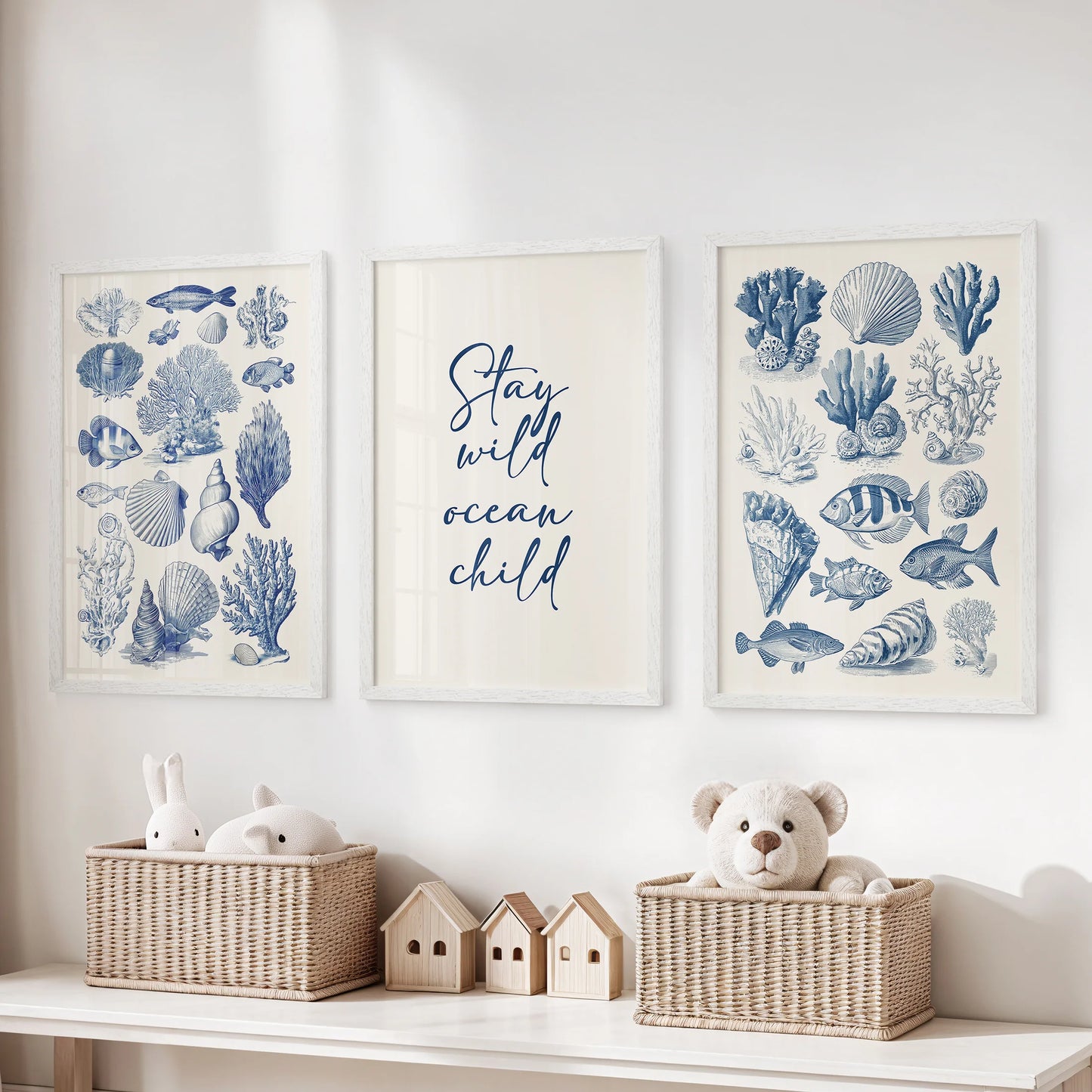 Playful ocean scene posters, three-piece bundle in white frames for a playroom, arranged over the toy organizer to keep the wall lively.
