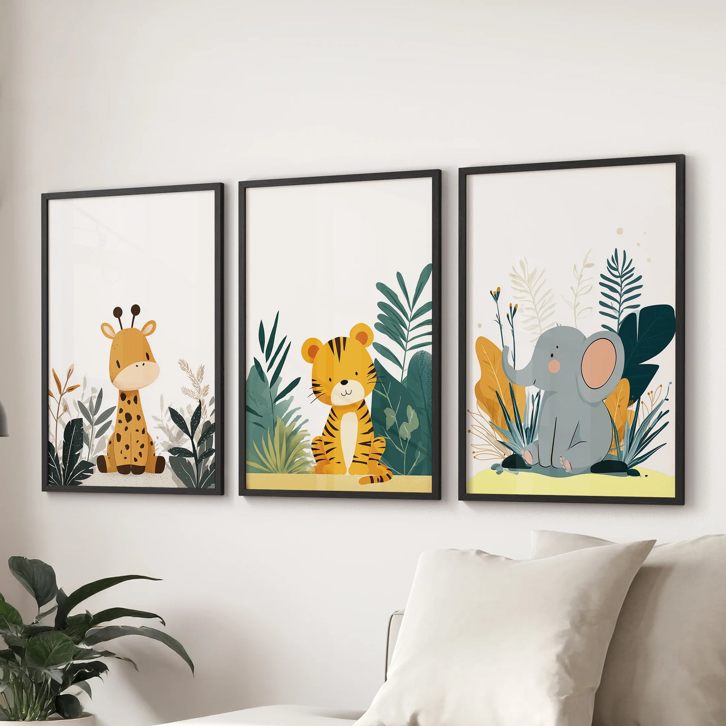 Nursery wildlife trio, a gallery of 3 black-framed prints, creates a playful focal wall in the sitting room behind the couch.