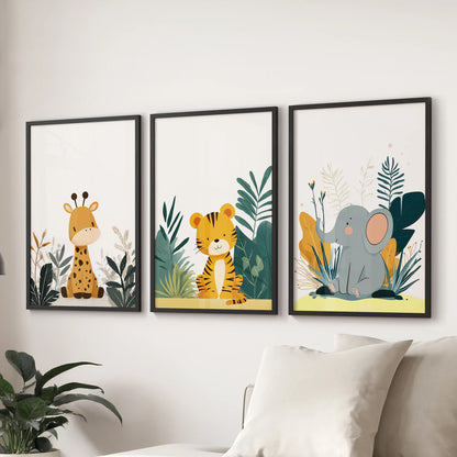 Nursery wildlife trio, a gallery of 3 black-framed prints, creates a playful focal wall in the sitting room behind the couch.