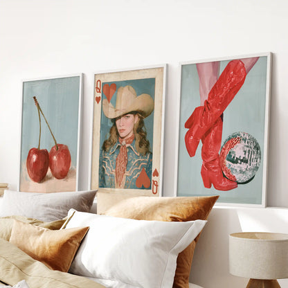 Red cowboy boots three-piece pictures in white frames stride confidently above the bed, bringing soft western glam to the bedroom wall.