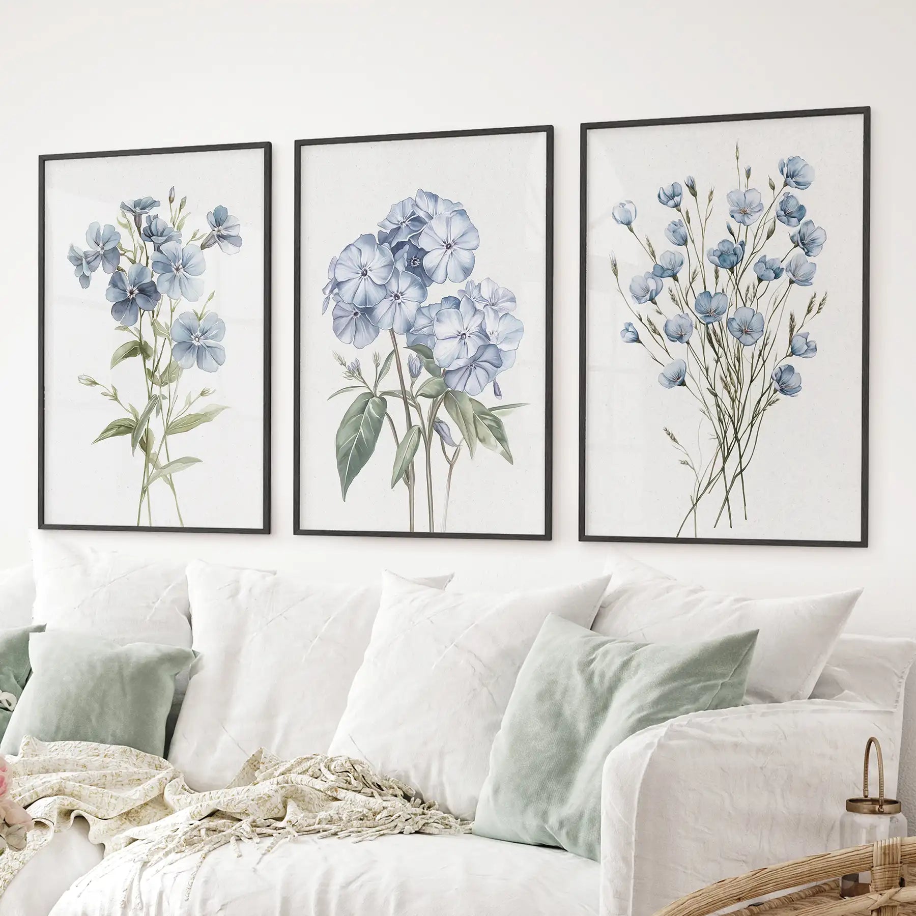 Wildflowers trendy large poster set of 3. Cottagecore gift decor. Black frames above the sofa.