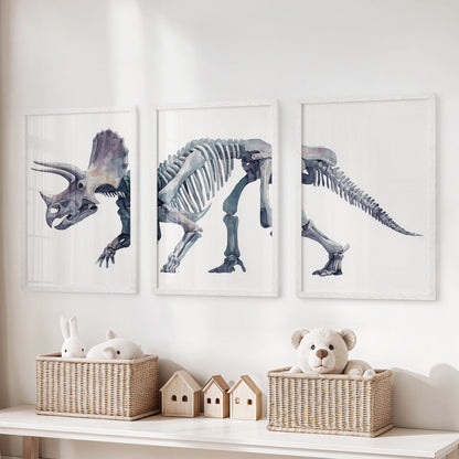 Modern watercolor fossil artwork of triceratops bones bringing prehistoric charm to a bright neutral nursery.
