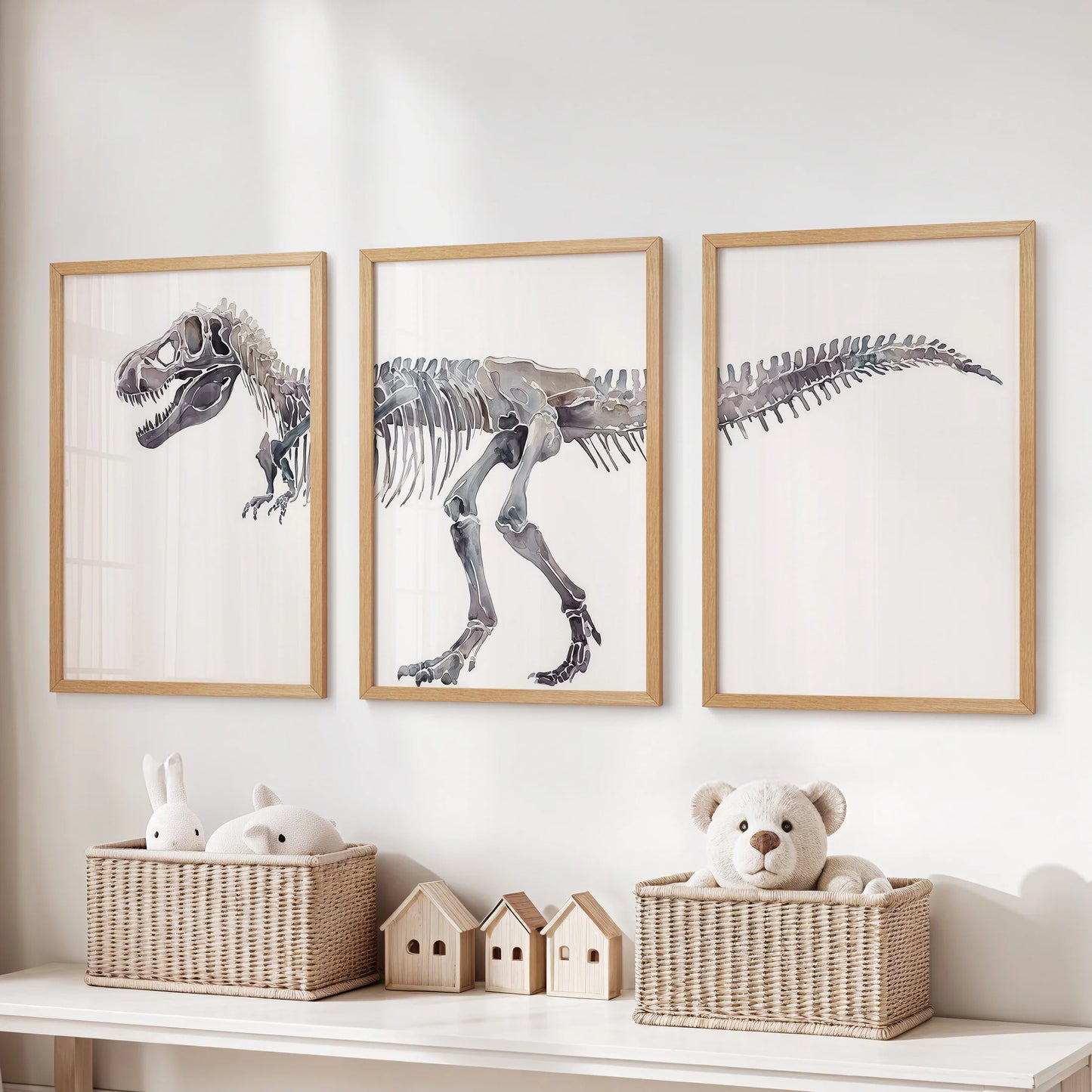 Three-piece Jurassic skeleton wall art in natural oak frames sits over the toy organizer, giving the children's room a warm, organic touch.