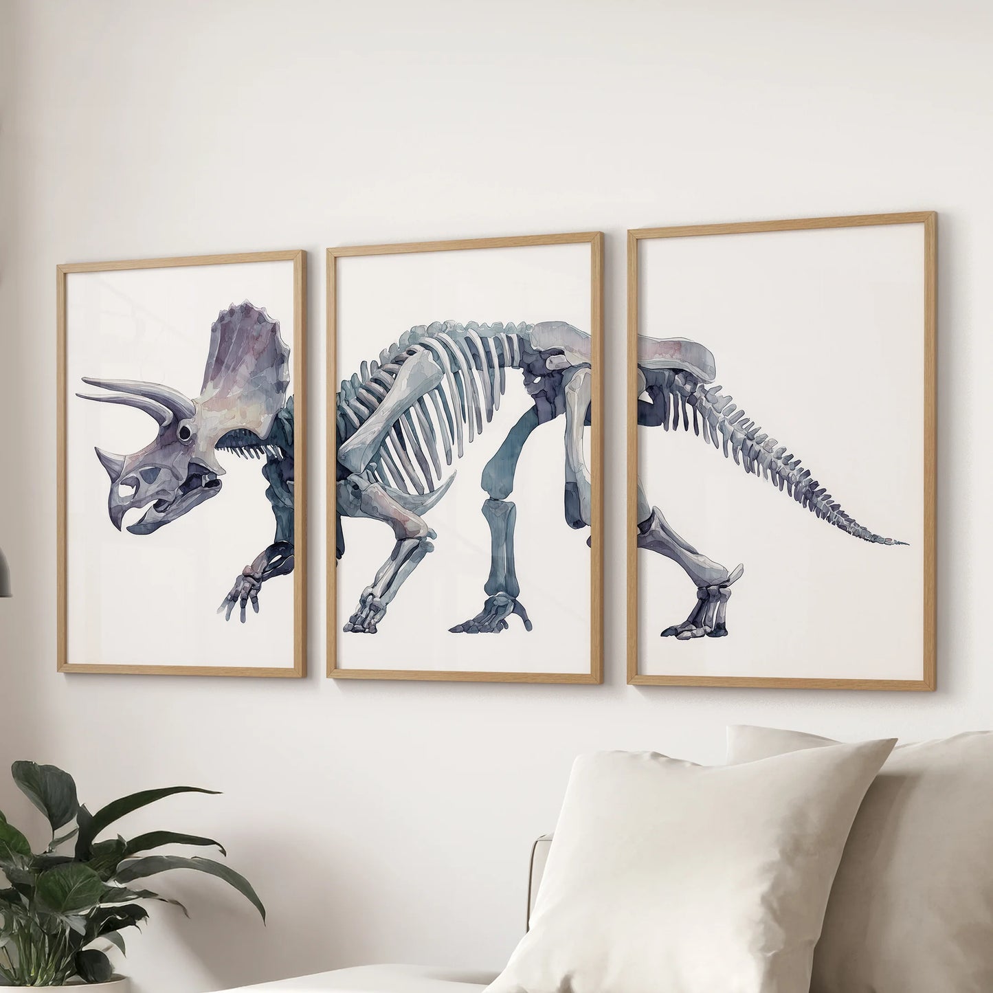 Elegant dinosaur skeleton artwork in watercolor style. Thinwood frames for living room.