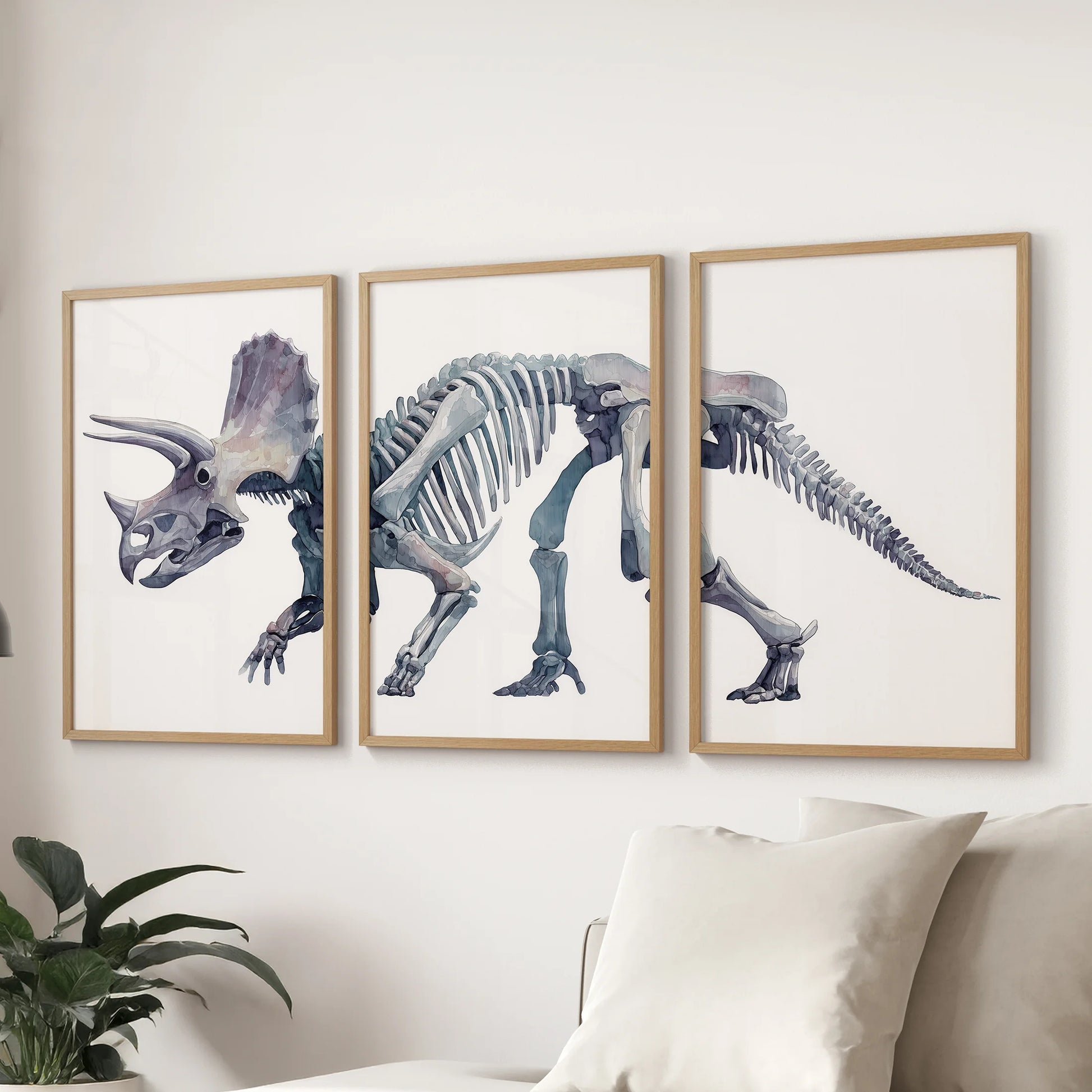Elegant dinosaur skeleton artwork in watercolor style. Thinwood frames for living room.