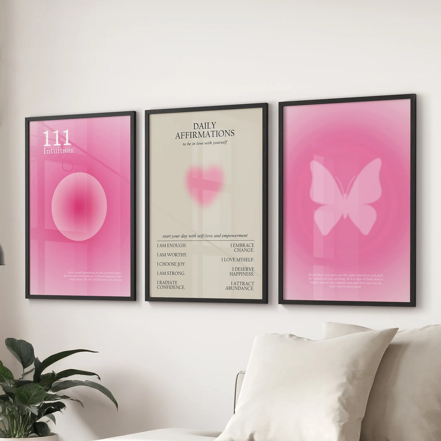 Set of 3 preppy affirmation pictures in sleek black frames add a confident accent over the sitting room sectional.