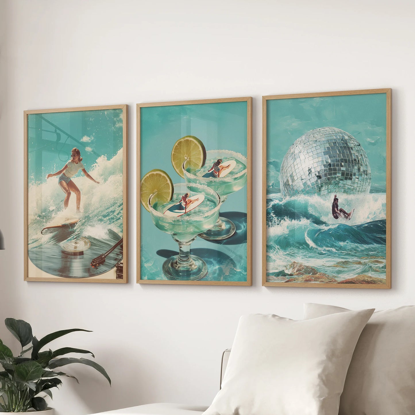 Disco beach scene 3-piece print set amps up your lounge wall, glowing above the couch in slim wood frames with preppy summer blues and surfy fun.