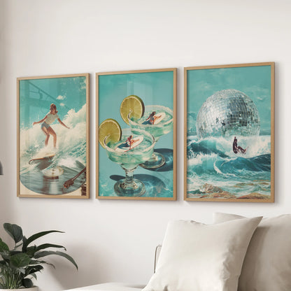 Disco beach scene 3-piece print set amps up your lounge wall, glowing above the couch in slim wood frames with preppy summer blues and surfy fun.
