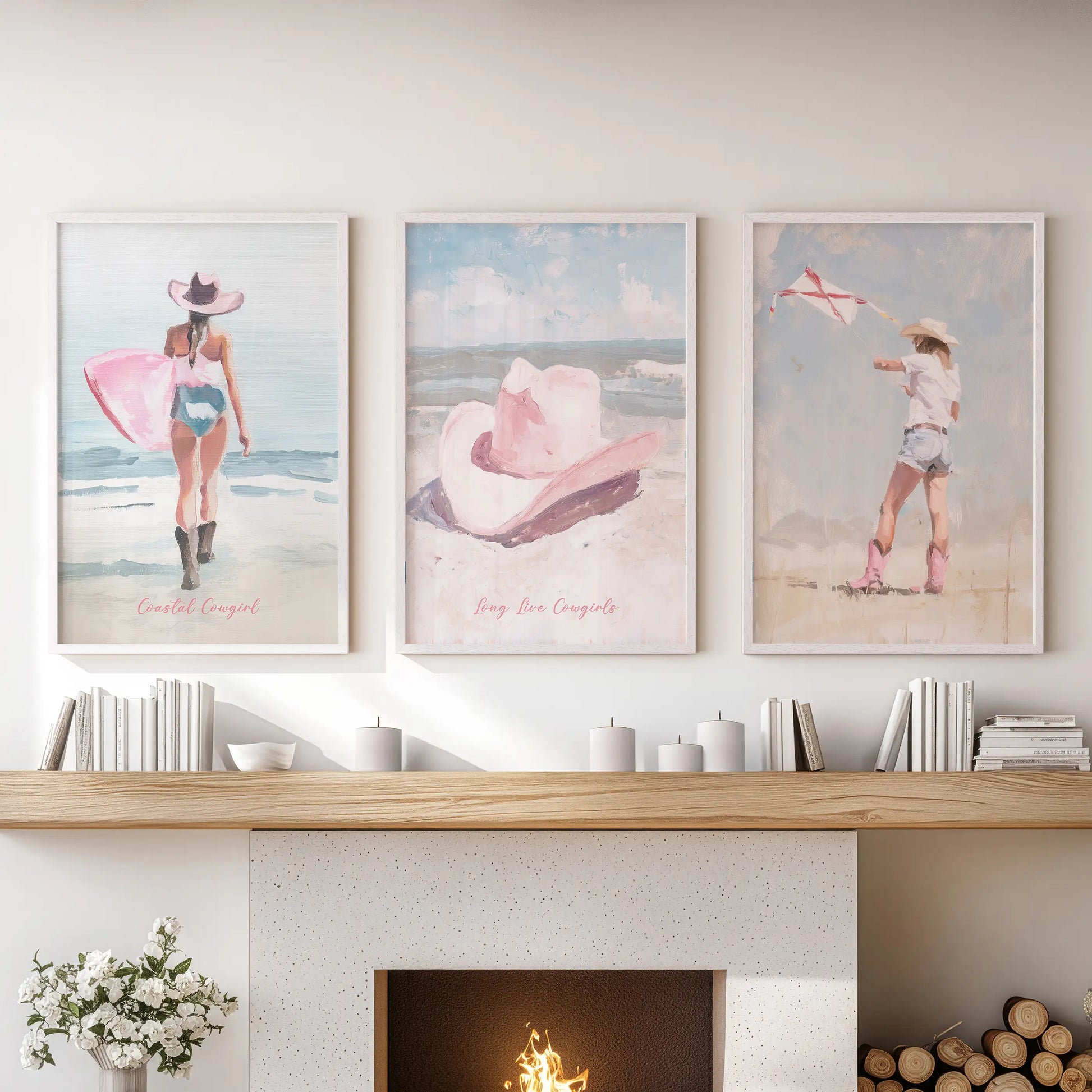 A vintage cowgirl wall art trio in fresh white frames stands over the family room mantel, uniting western grit with seaside warmth.